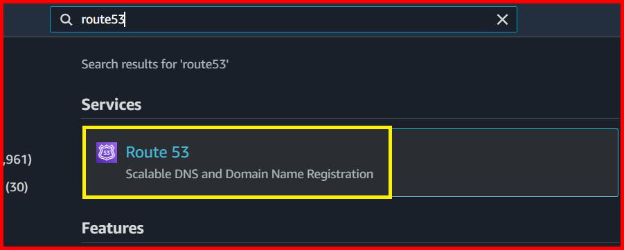 Picture showing the route53 service selected in AWS console